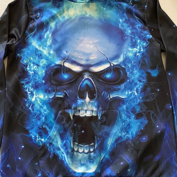 Blue Black Mens Pullover Hoodie Flaming Fanged Skull Graphic Front and Back - Picture 3 of 7